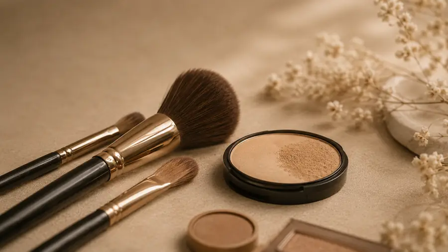 Make-up-Pinsel und Puder auf sandfarbenem Untergrund